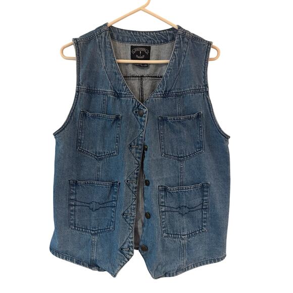Vintage 90s Solutions! Denim Vest 4 Pocket Button Front Size Medium - Picture 1 of 5